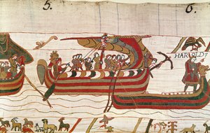 De schepen worden door de wind naar het gebied van graaf Guy van Ponthieu geblazen, Tapijt van Bayeux